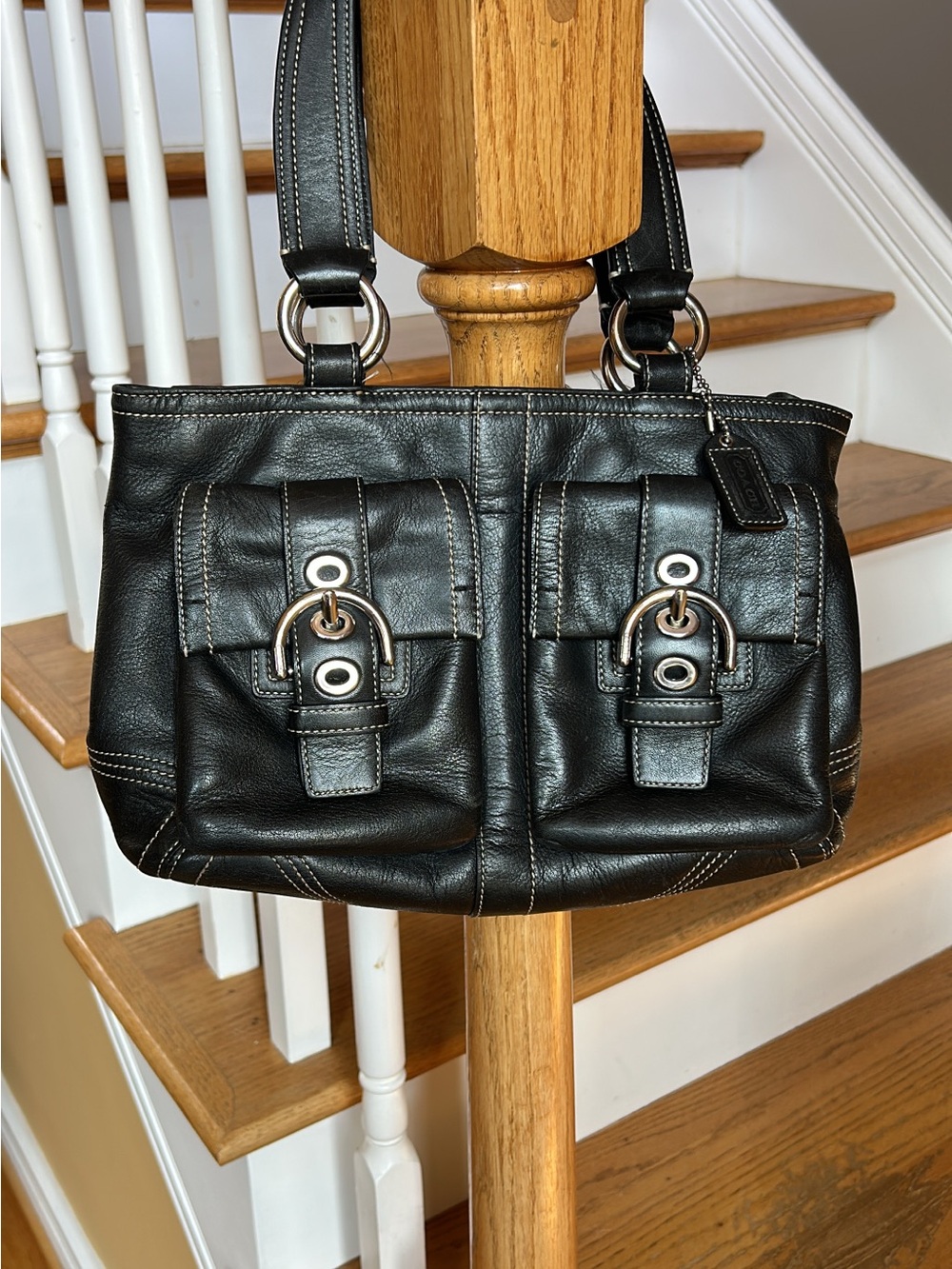 Vintage Y2K Coach Soho Black Leather Double Buckle Pocket Shoulder Bag